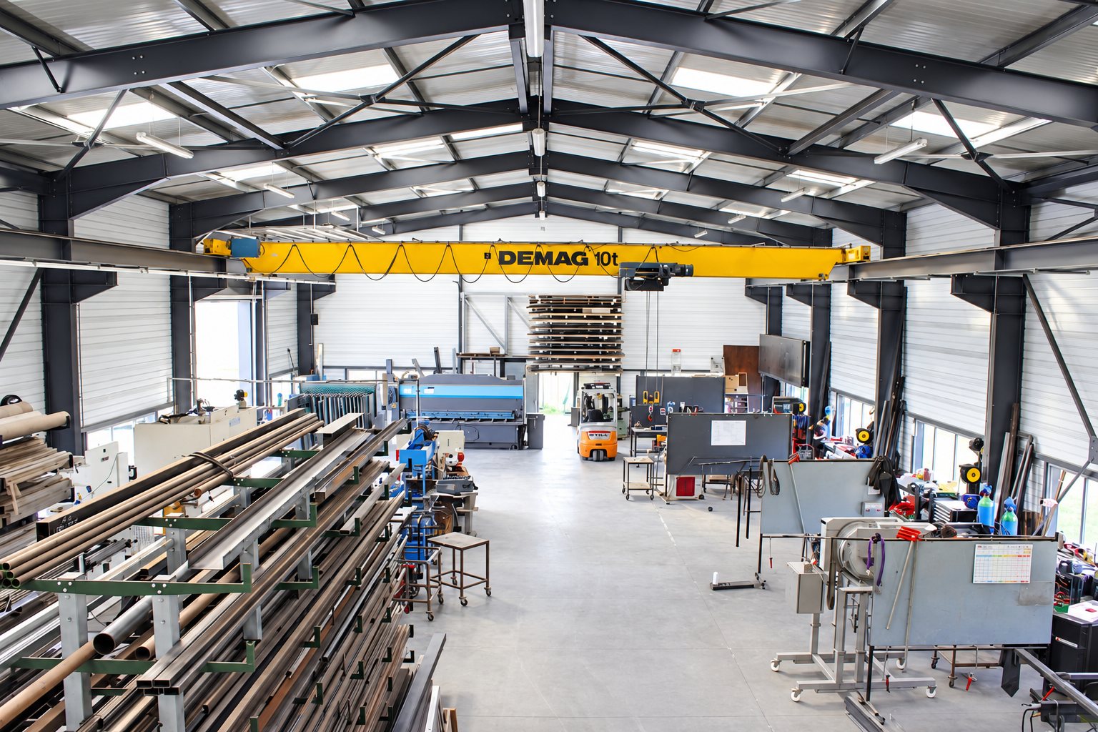 Vue intérieure d'un grand atelier de métallerie équipé d'un pont roulant jaune Demag, de racks de tubes en acier et de machines de découpe.