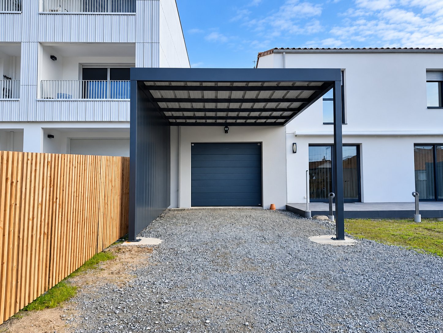 Un carport moderne gris anthracite est installé devant la porte de garage d'une maison blanche, avec une allée de gravier et une clôture en bois à lames verticales.