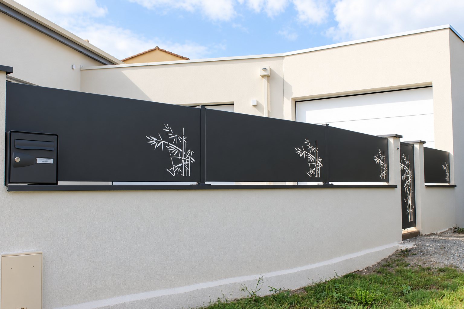 Clôture moderne en aluminium gris anthracite ornée de motifs de bambou ajourés, posée sur un muret blanc avec boîte aux lettres intégrée et portillon.