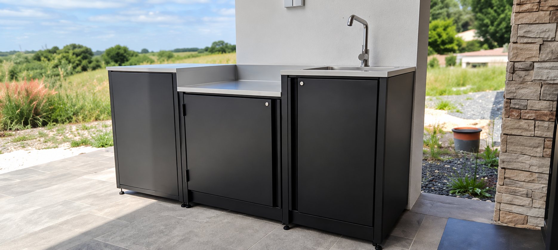 Une cuisine d'extérieur aux meubles noirs, dotée d'un plan de travail et d'un évier en inox, installée sur une terrasse avec un champ en arrière-plan.