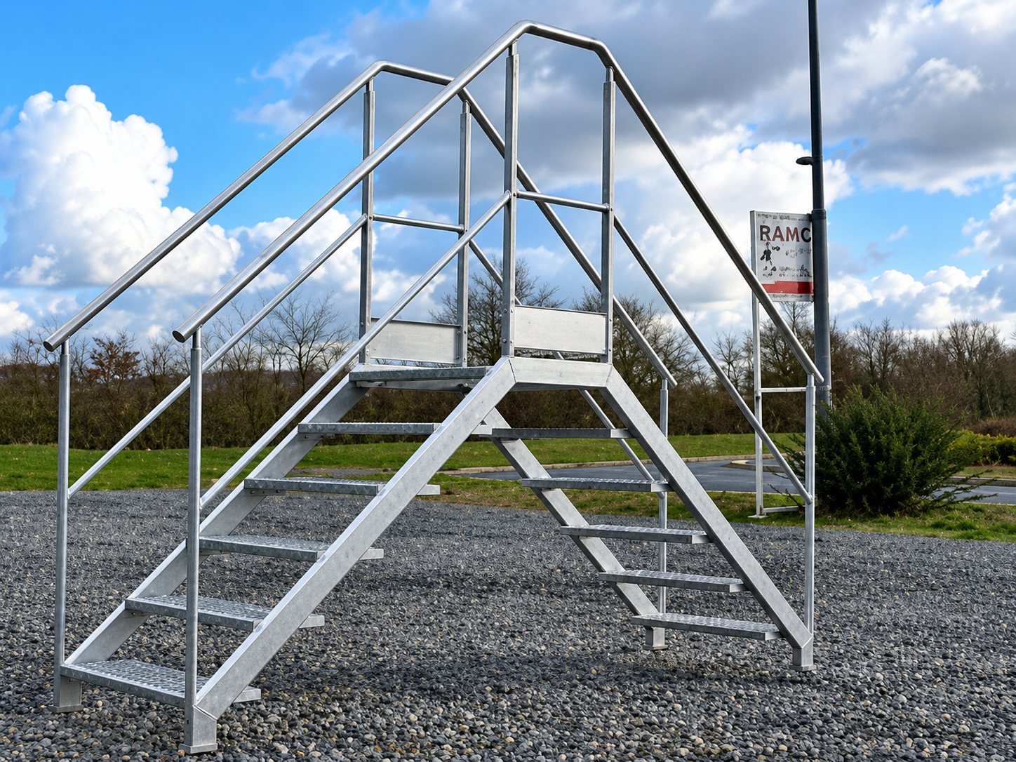 Escalier de franchissement en aluminium avec rampes, posé sur du gravier à l’extérieur.