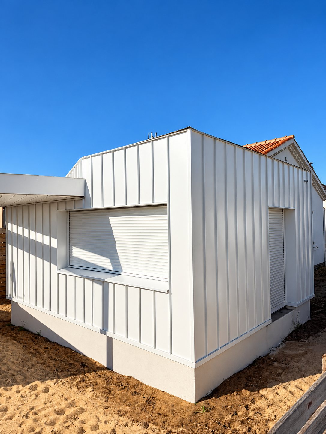 Extension de maison au bardage métallique blanc à joints debout, équipée de volets roulants blancs, posée sur un sol sableux sous un ciel bleu.