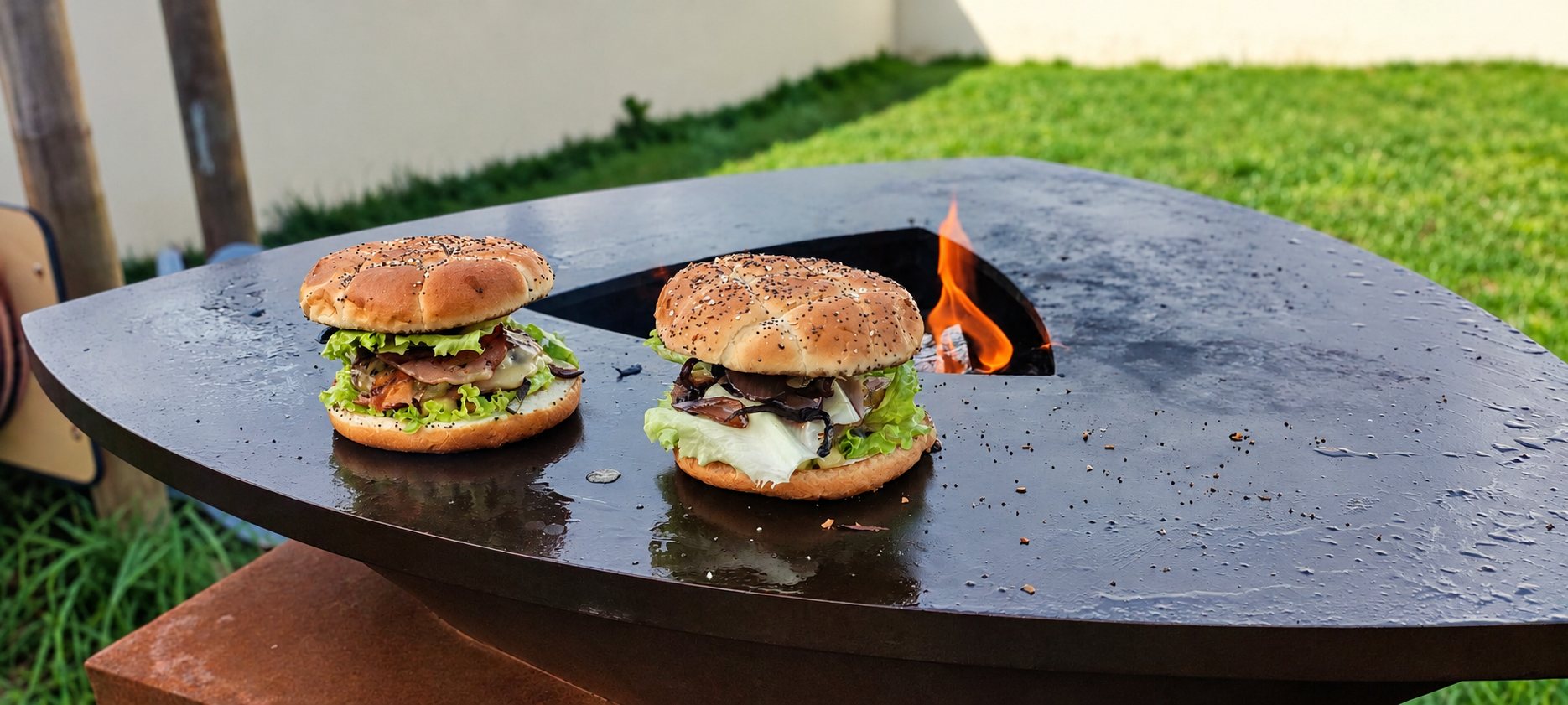 Deux hamburgers garnis de salade et d'oignons caramélisés posés sur une grande plancha en acier noir, à côté d'un foyer où brûle une flamme, dans un jardin.