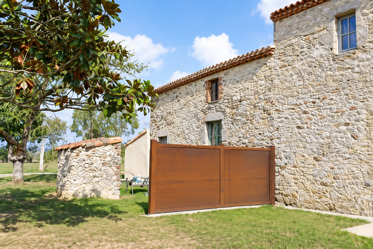 Une maison ancienne en pierres apparentes avec un grand portail en métal rouillé couleur corten, entourée d'une pelouse et d'un arbre.