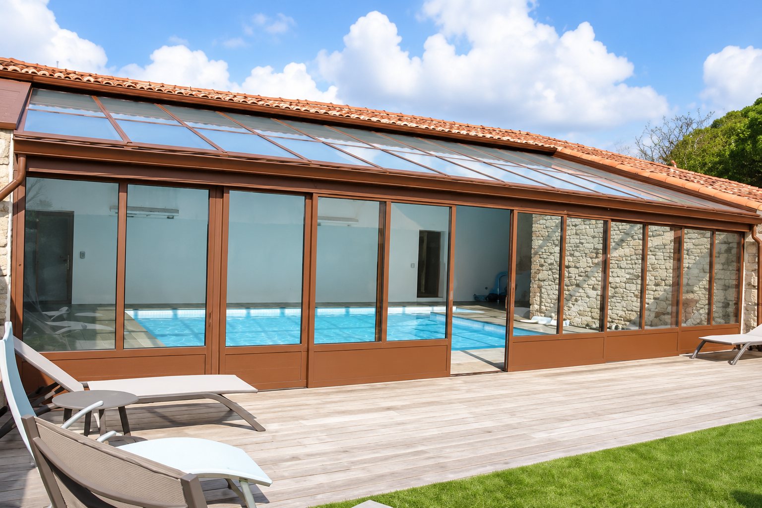 Une piscine abritée sous un grand abri vitré aux montants bruns, entouré d'une terrasse en bois avec des transats et d'un mur en pierre.
