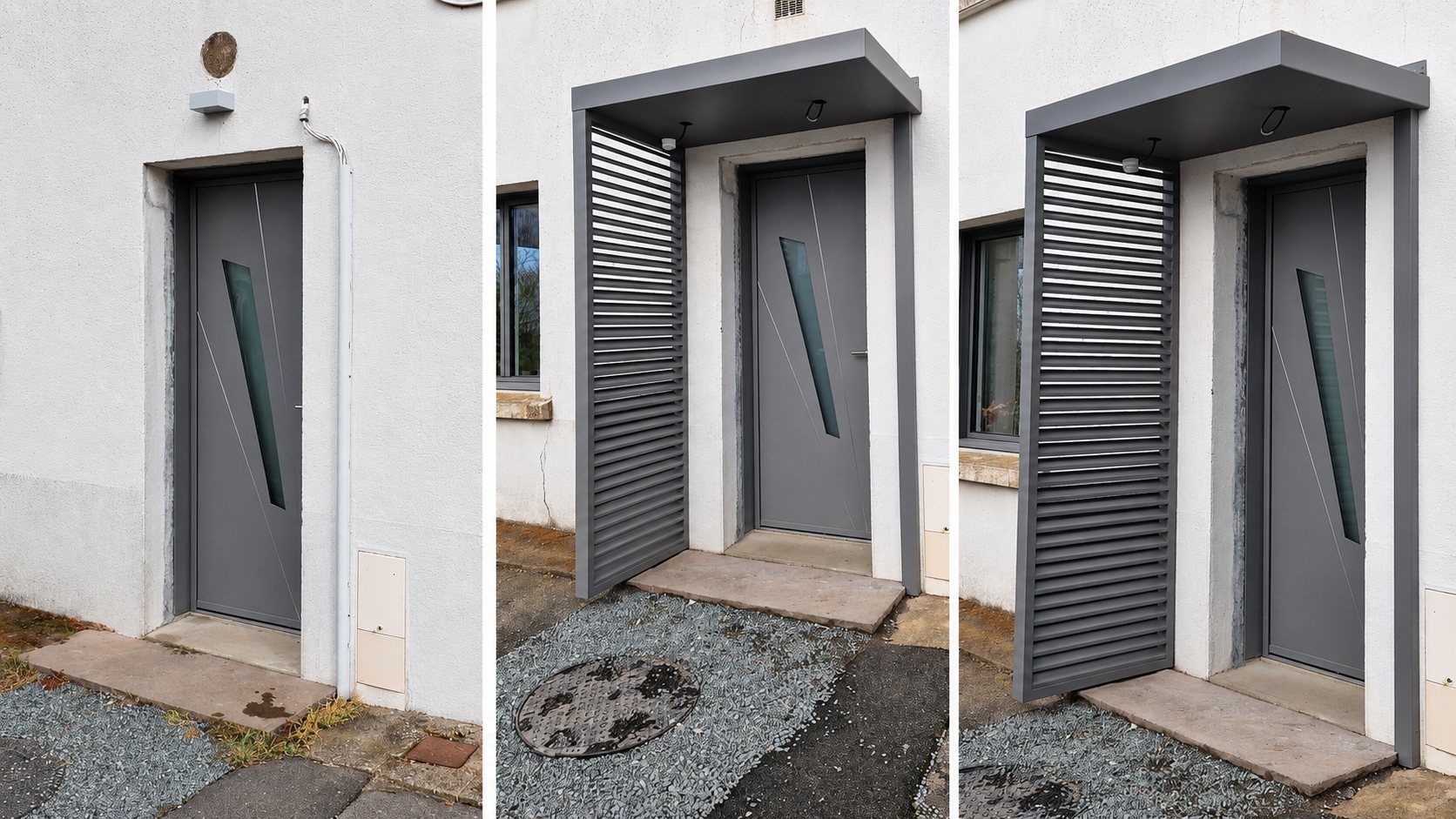 Trois vues d'une porte d'entrée grise à fenêtre étroite, avant et après la pose d'un auvent gris avec panneau à lamelles sur une façade blanche.