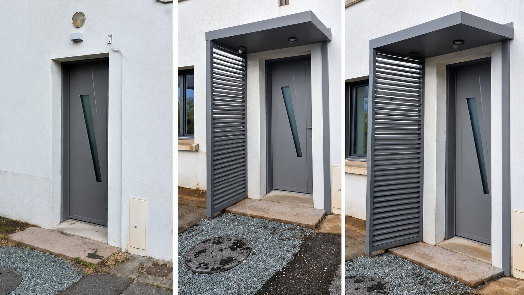 Trois vues d'une porte d'entrée grise sur un mur blanc, avec un auvent et un panneau latéral à lamelles installés.