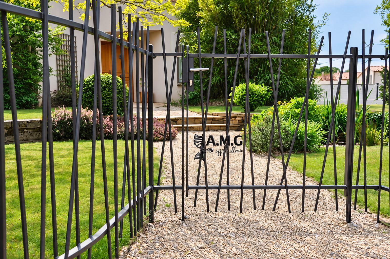 Un portillon et une clôture en métal noir aux barreaux inclinés ouvrent sur une allée de gravier menant à une maison entourée de verdure.