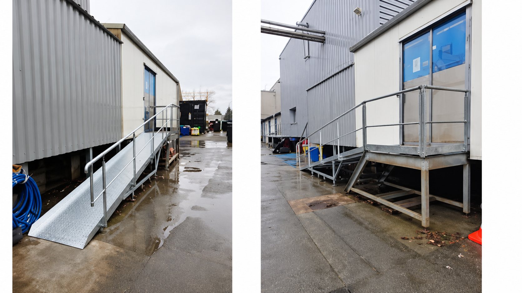 Deux photos montrant des rampes et passerelles métalliques avec rambardes menant à des bâtiments modulaires, sur un sol humide.