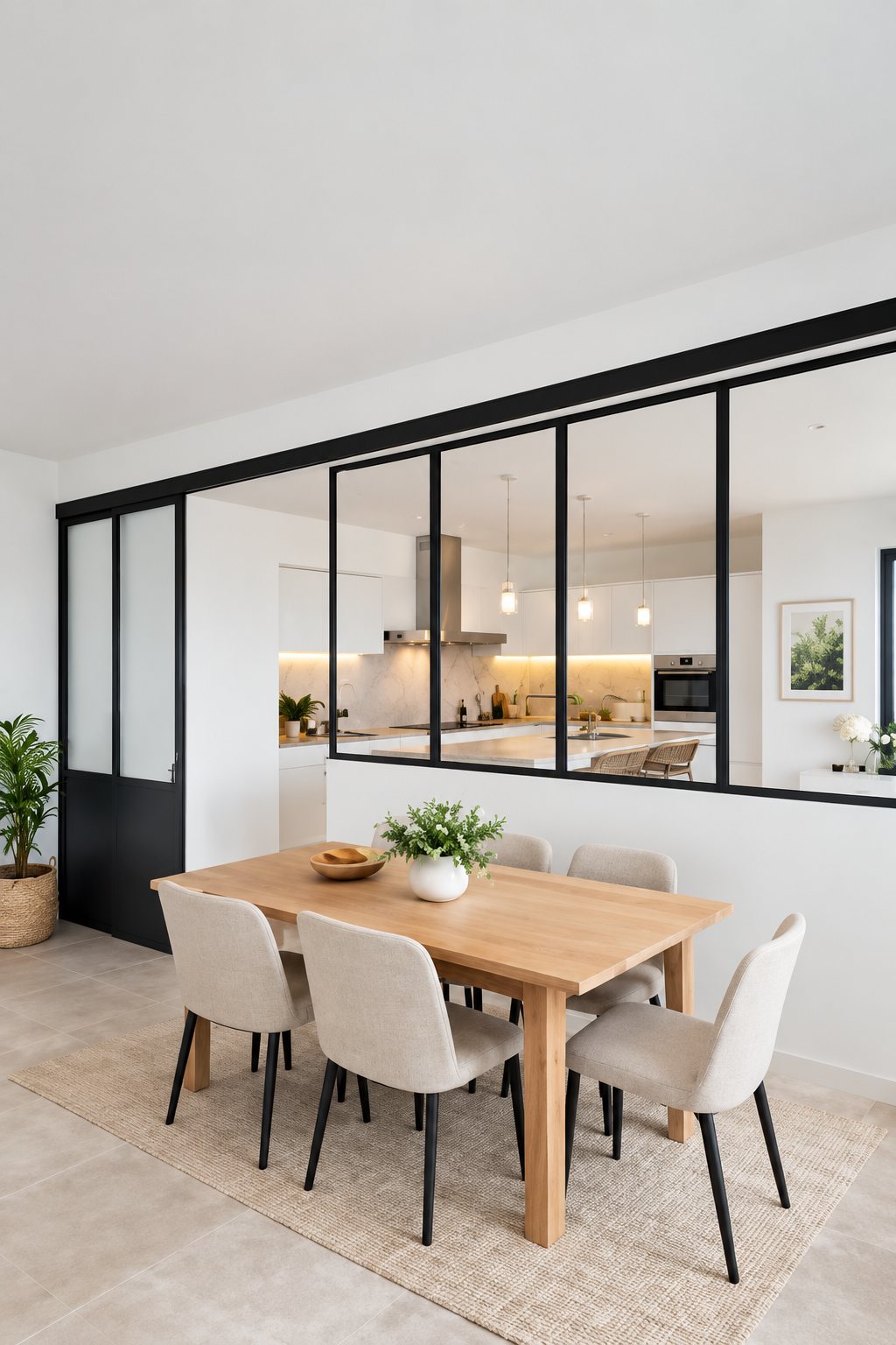 Une table en bois clair entourée de chaises beiges devant une verrière noire qui ouvre sur une cuisine moderne et lumineuse.